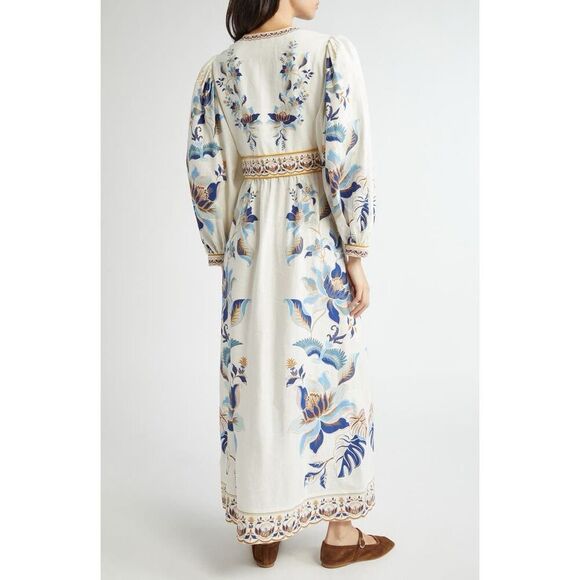 FARM Rio Women's White Blue Mystic Lotus Print Linen Blend Maxi Dress Small NWOT - Picture 3 of 16